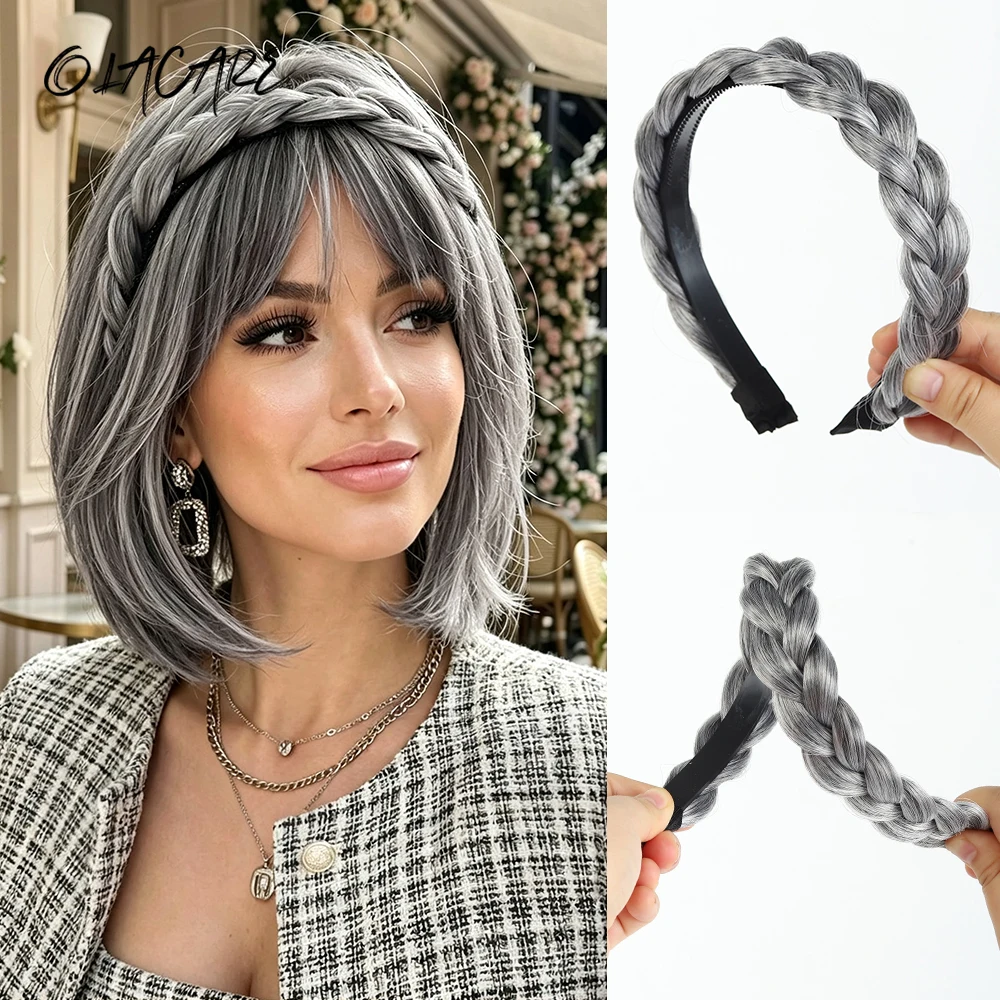 Synthetic Wig Gray Fishbone Wide Twist Hairbands Handmade Head Hoop Hair Bands Styling Headwear Braided Headbands for Women