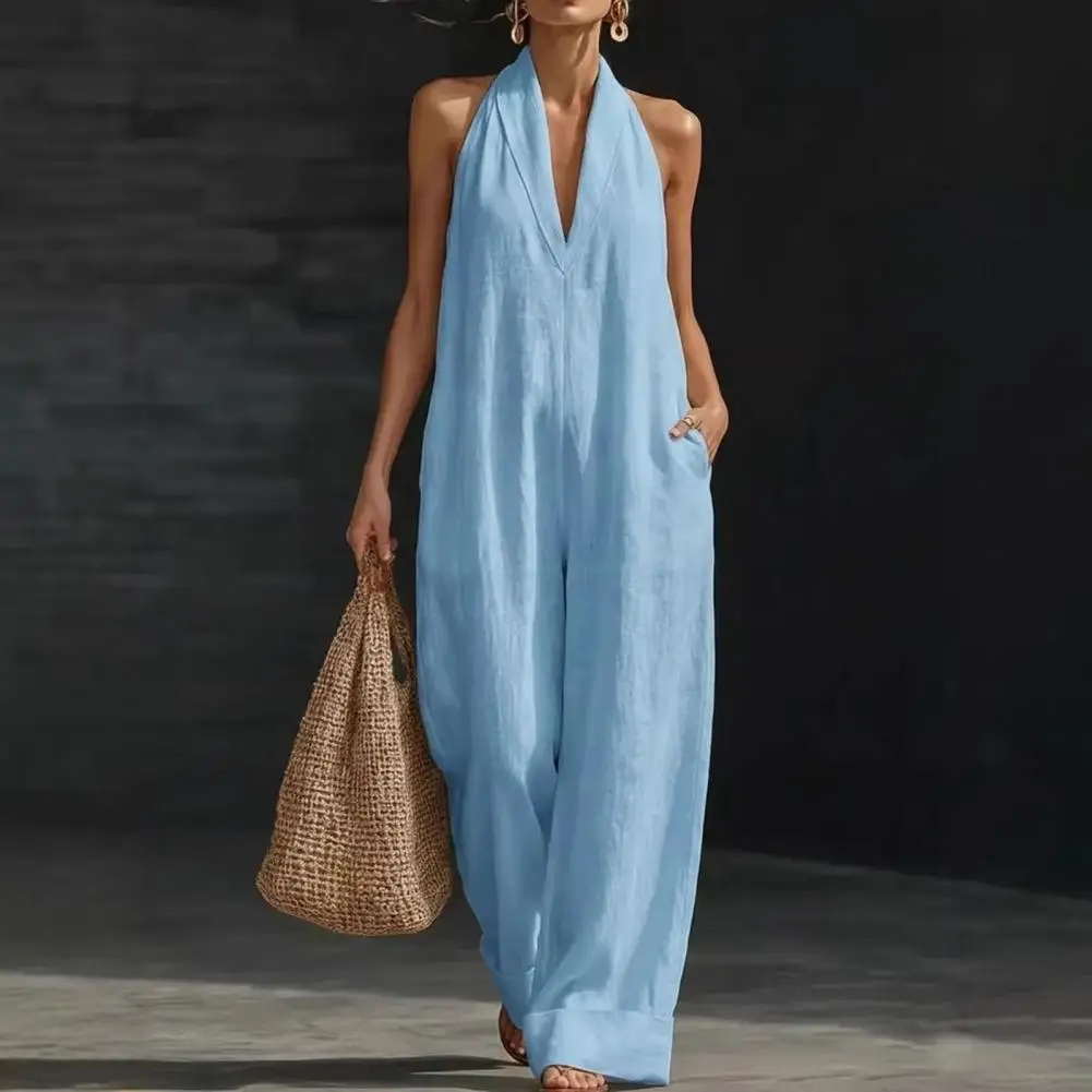 

Женский комбинезон из искусственного льна с лацканами и V-образным вырезом, без рукавов, с широкими штанинами, для праздников и вечеринок, уличный стиль