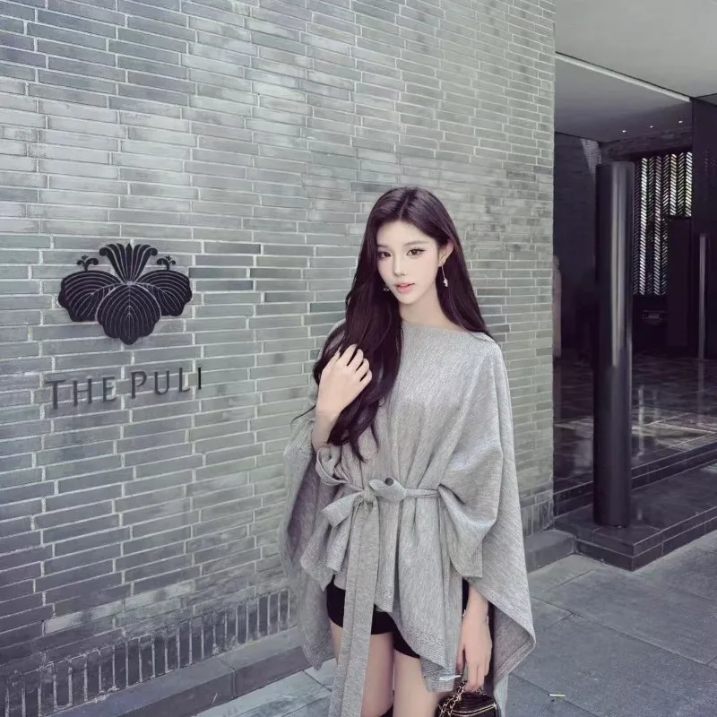 Women's 2026 Autumn Grey Tie Shawl Off Shoulder Top Asymmetric Slouchy Warm Elegant Chic Coquette Trendy Robe
