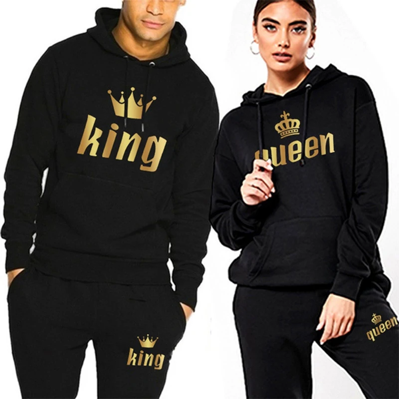 King Queen Print Autumn/Winter originality Casual Hoodies Male Casual Sweater Set Long Sweatshirts Sleeve Men Tracksuit Clothing