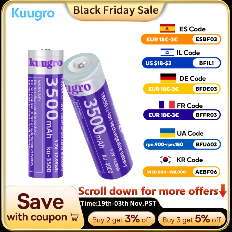 

Kuugro Pointed 18650 3500mAh Lithium Battery 3.7V 12A High-rate discharge For Strong light flashlights Headlights