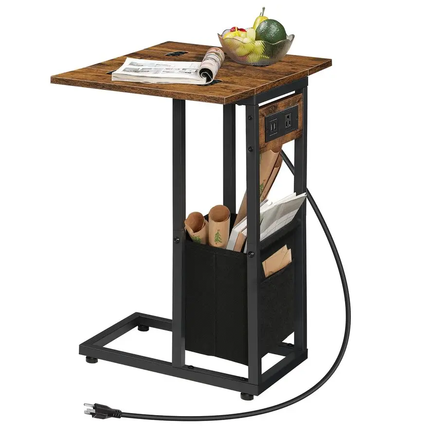 

C Shaped Side Table with Charging Station, Foldable End Table with Fabric Bag, Sofa Couch Tray Table for Small Space in Living