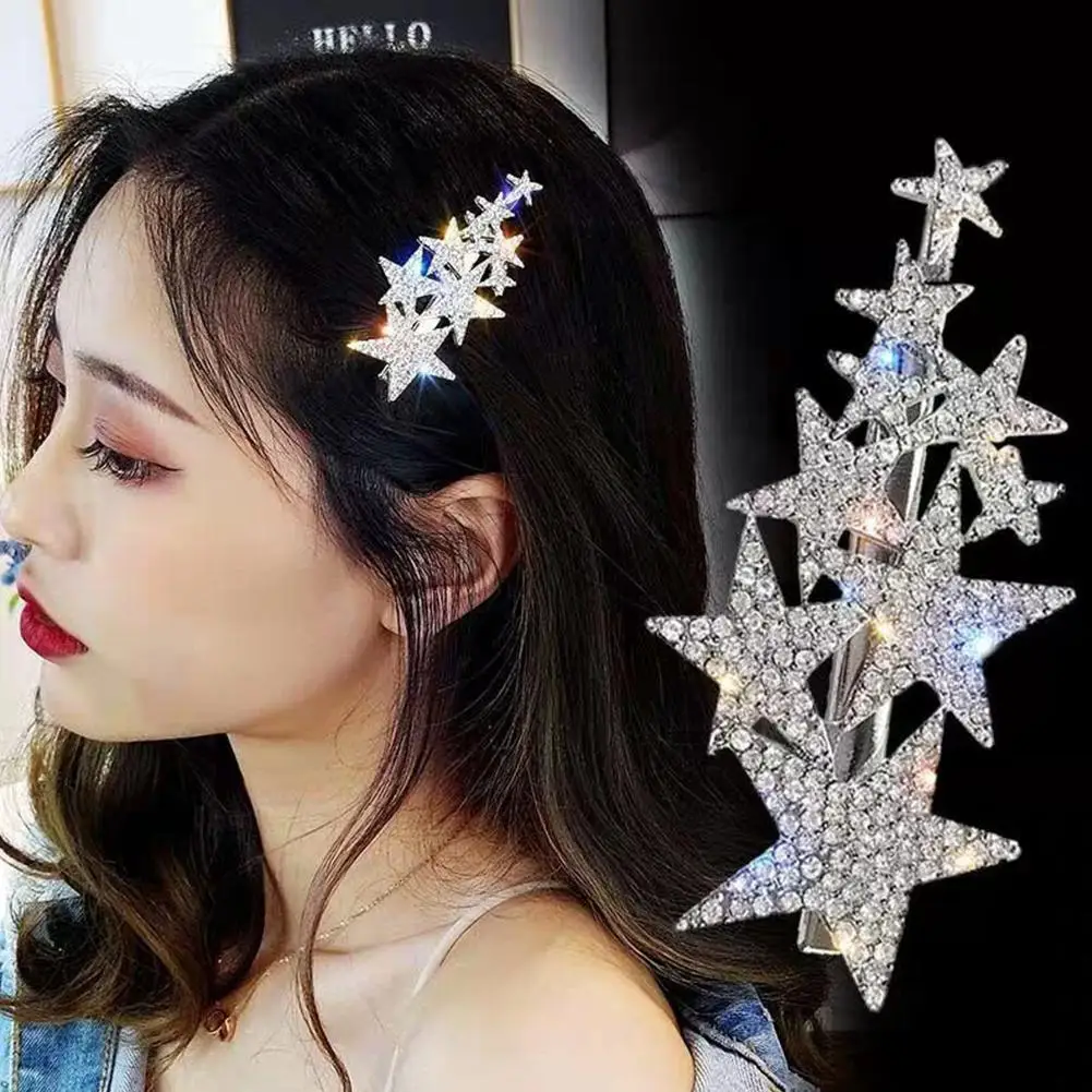 Women Shiny Stars Rhinestone Hairpins Crystal Hair Clips Barrette Slide Grips Bangs Clip Sweet Headwear Korean Hair Accessories