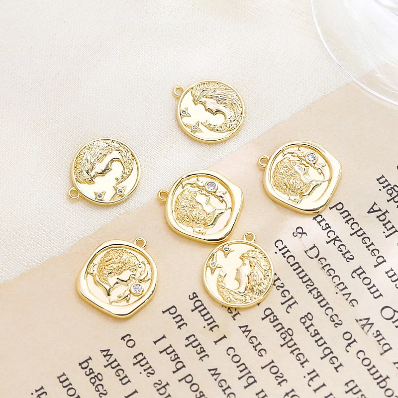 3PCS Copper clad gold inlaid zirconium vintage print pendant  DIY Manufacturing Fashion Jewelry Discovery Necklace Accessories