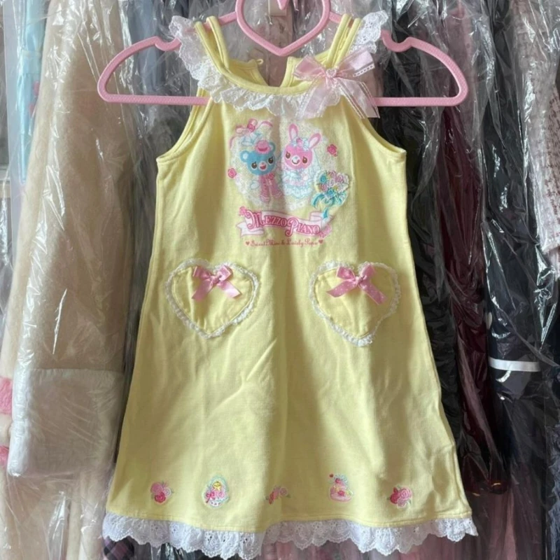 Robe de style Lolita douce rose pour femme, nœud, lapin, ours imprimé Kawaii, mini robes de soirée, mode coréenne féminine, robe de princesse d\'été