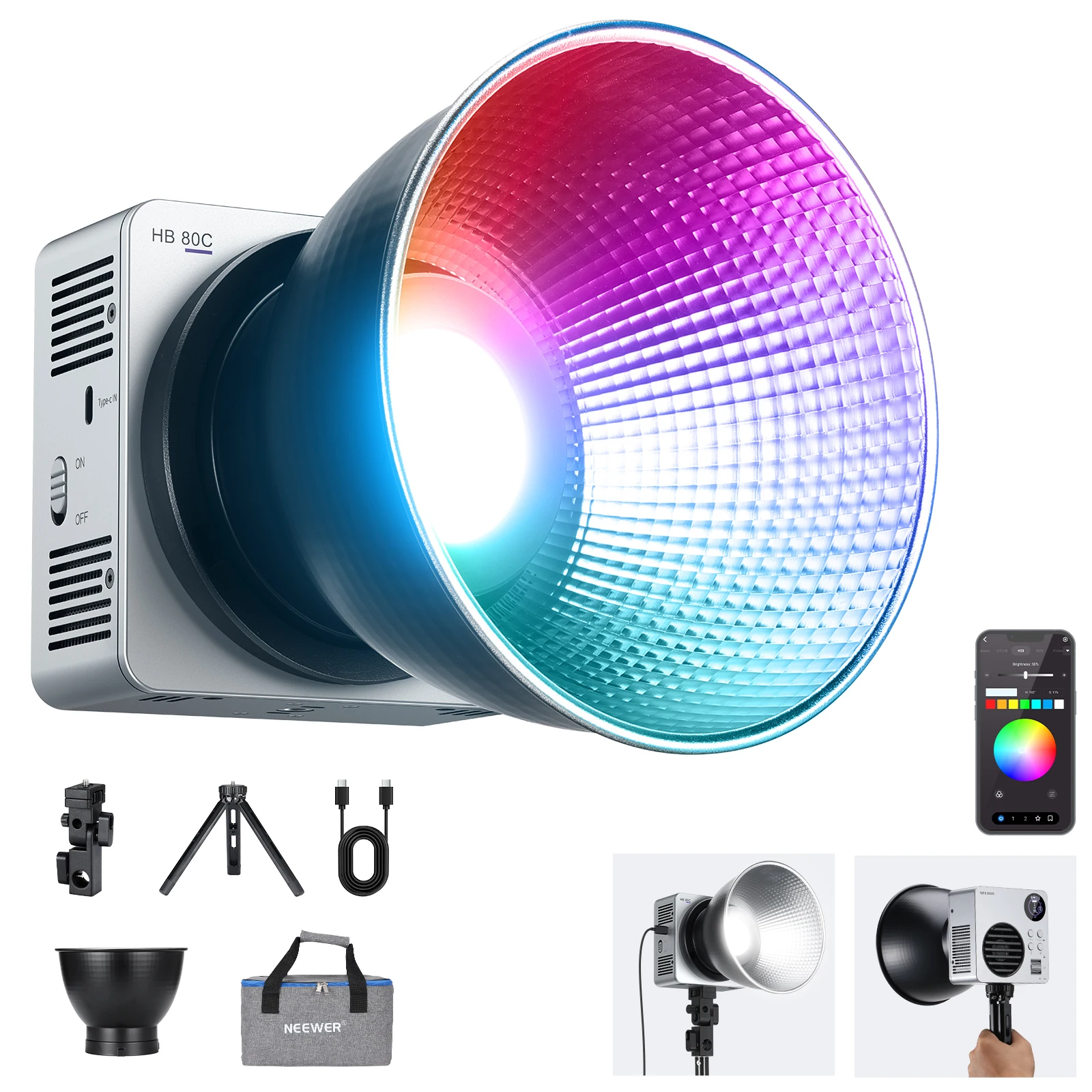 NEEWER HB80C 80W RGB COB RGBWW LED Video Light with Built-in 72Wh Battery & 100W PD Fast Charging Continuous Output Lighting