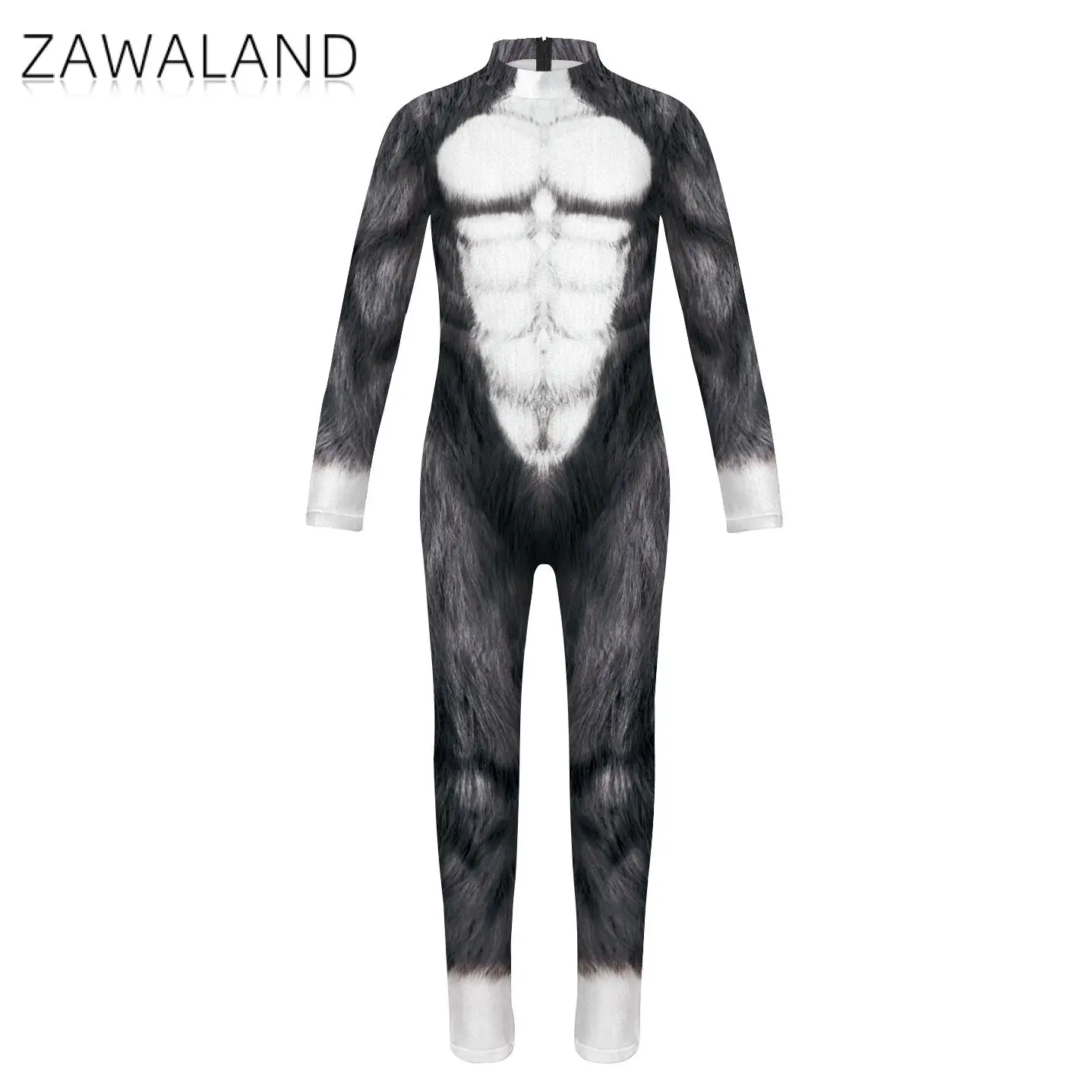 Zawaland 3D Printed Animal Bodysuit for Kids Performance Costumes Long Sleeve Zentai Cosplay Spandex Bodysuit Party Catsuit