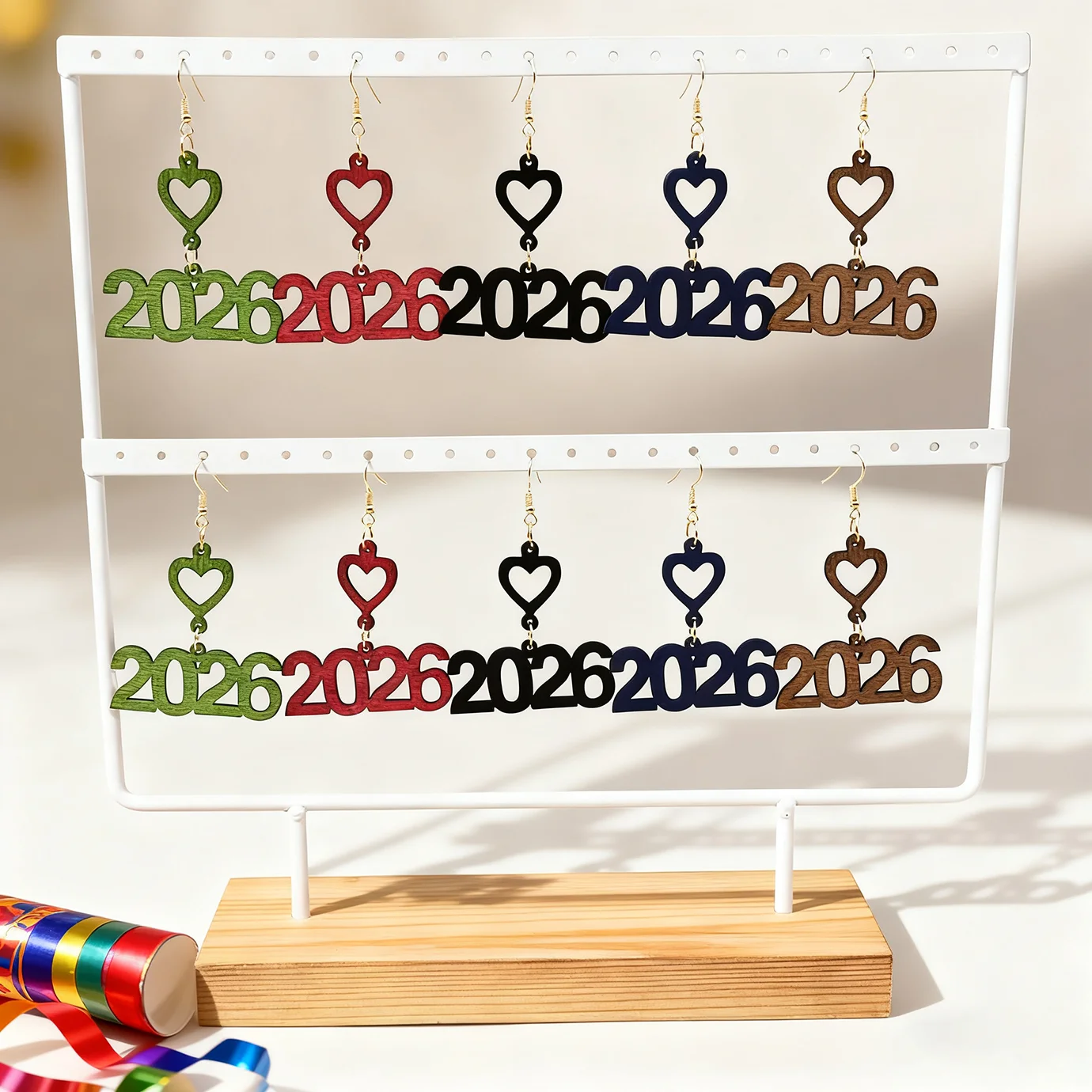 5 Pairs of Geometric Design 2026 Digital New Year Heart-Shaped Earring Set for Autumn and Winter, Personalized Earrings