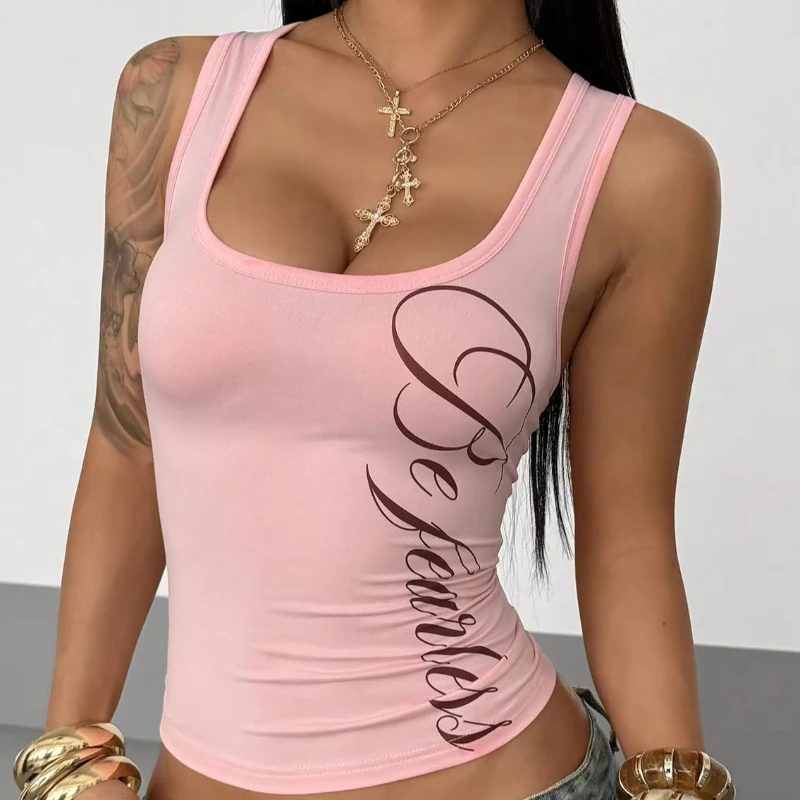 Summer Letter Printed Pattern Vest Sleeveless Slim Fit Cinched Waist Exposed Navel Top Sexy Street Style Women's Clothes