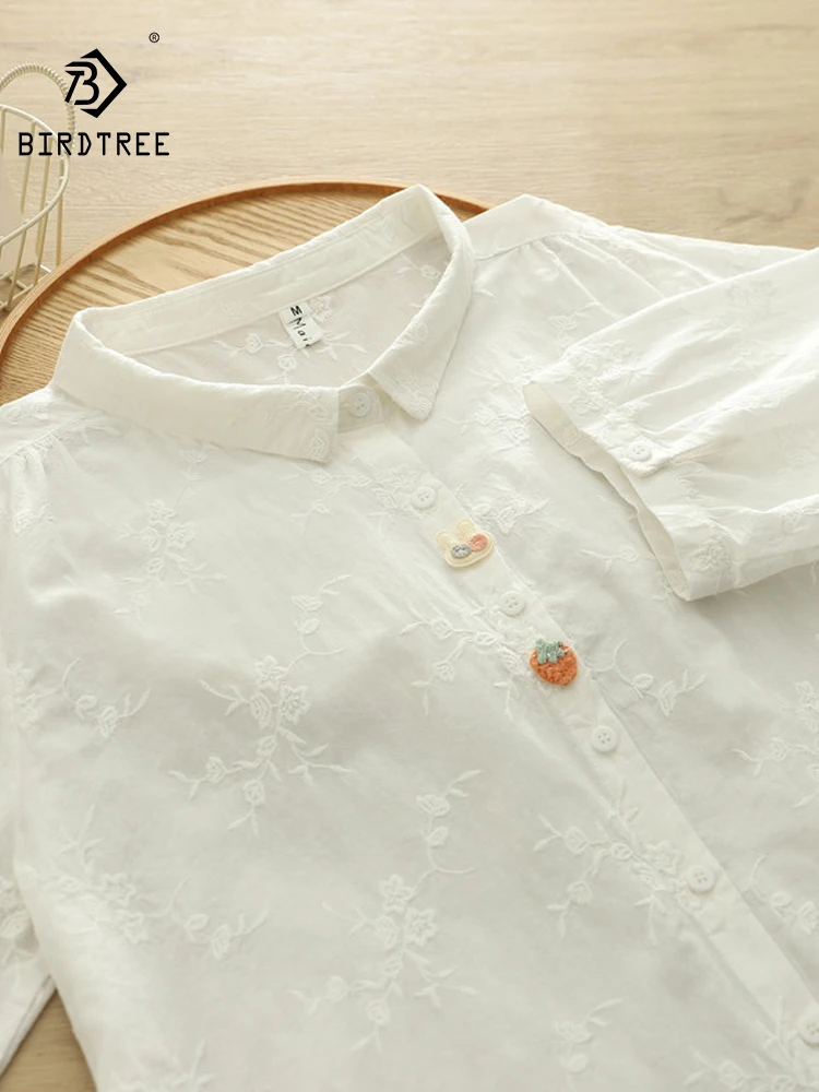New 2026 Summer Women Cotton Half Sleeve Shirt, Turn-down Collar Embroidery, Mori Girl Age Reduction Thin Loose Blouse T66854CC