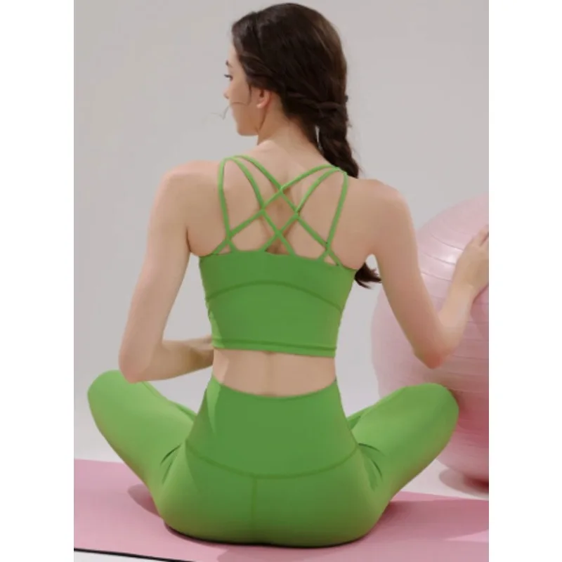 

Sexy Cross Breathable Back Set Women's Strap Slimming Strap Vest Pilates Sports Fitness Running Pants Set V-neck