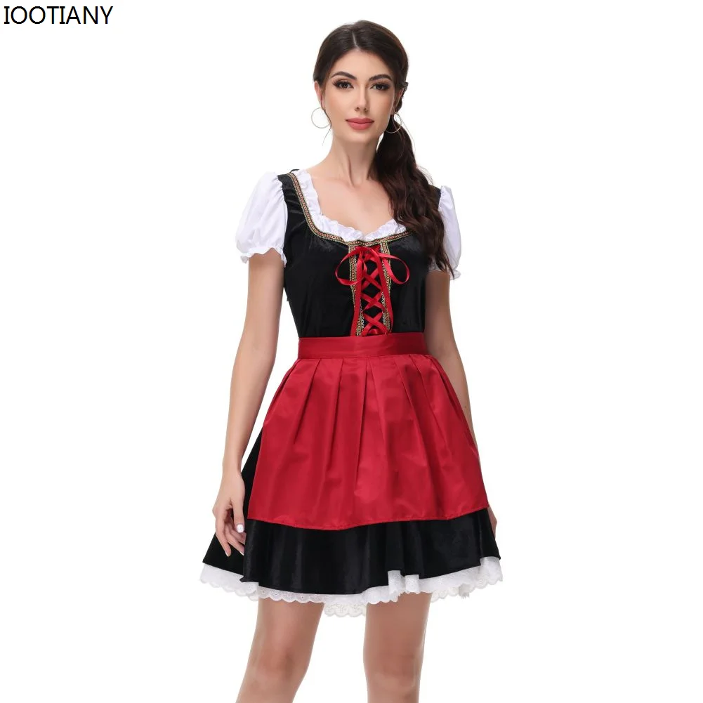 

Germany Munich Oktoberfest Dress Traditional Bavarian Beer Maid Costume With Apron Ladies Sexy Halloween Beer Girl Rave Outfit