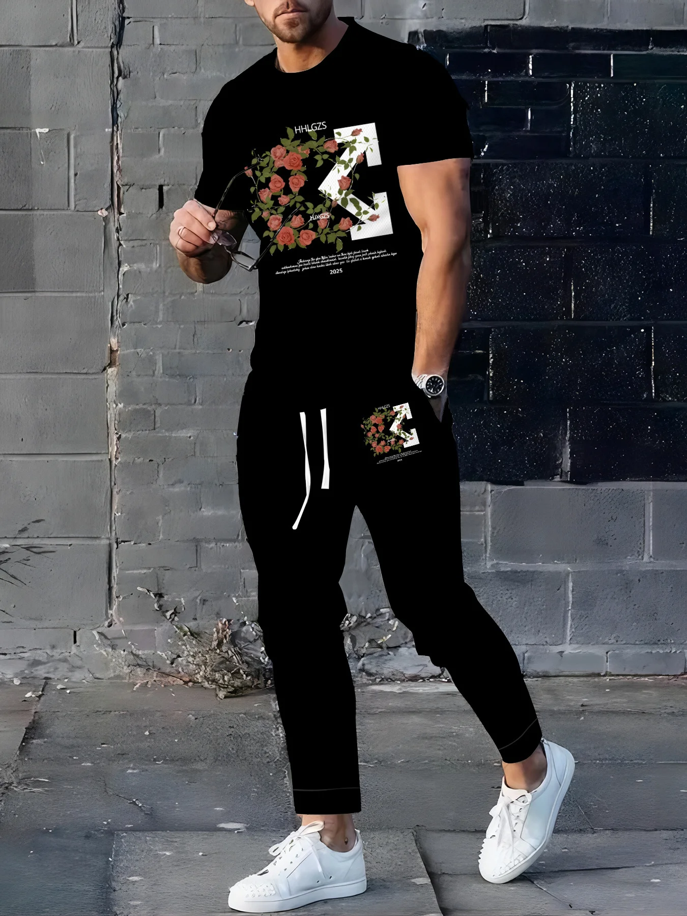 

Men's summer casual sports short sleeved T-shirt and pants set with round neck slightly elastic fabric and pockets