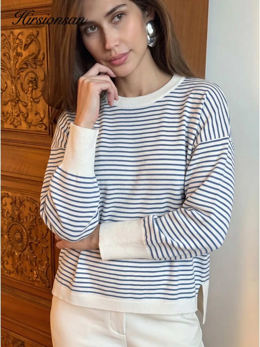Hirsionsan2026New Striped Round Neck Knitted Sweater Loose Shoulder Down Long Sleeve Side Split Top French Casual Knitted Hoodie