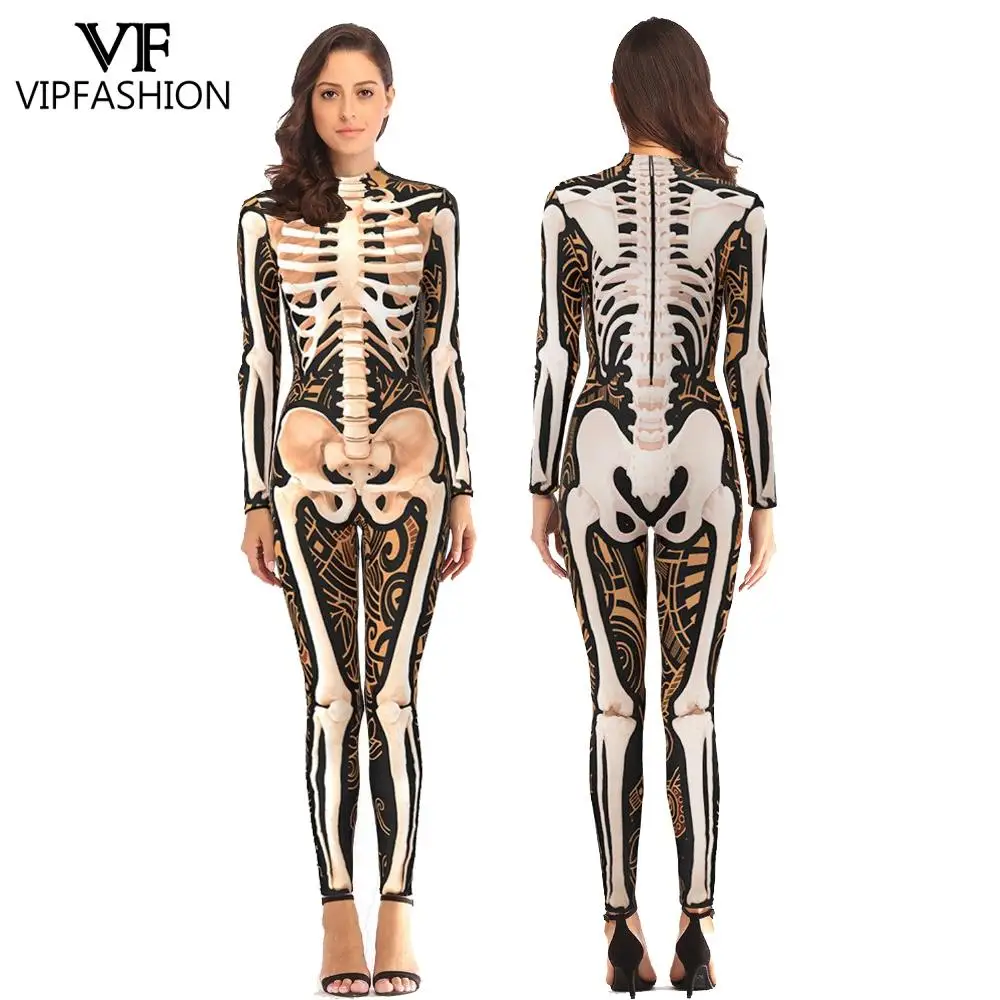 

VIP FASHION Halloween Cosplay Costume For Women Skeleton 3D Printed Catsuit Long Sleeved Skinny Jumpsuits Zentai Suits