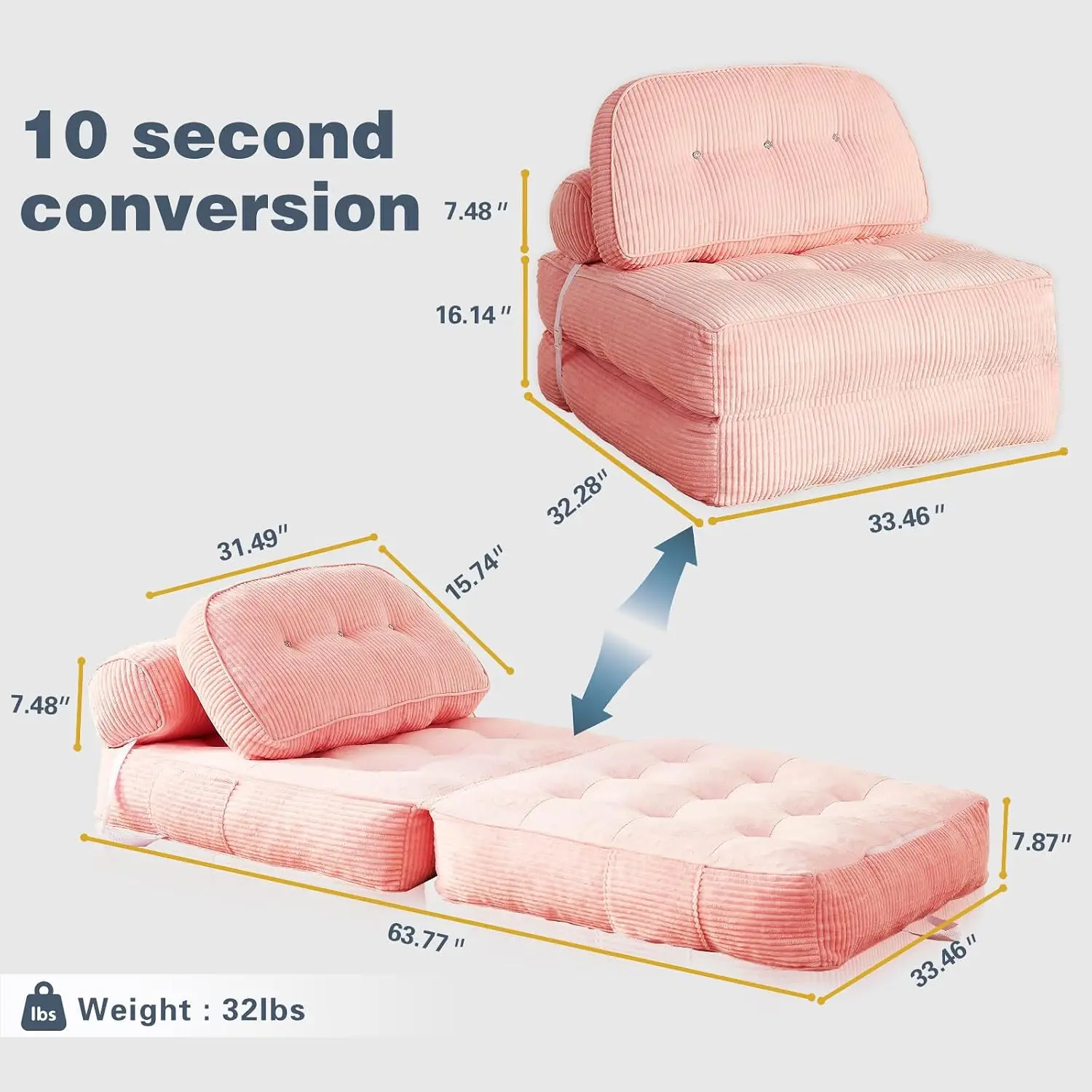 Folding Sofa Bed Single Size Convertible Sleeper Chair To Lounger Comfy Floor Couch Bed Frame With Pillow And Blanket For Living Room Bedroom Pink, 1 Piece view 6