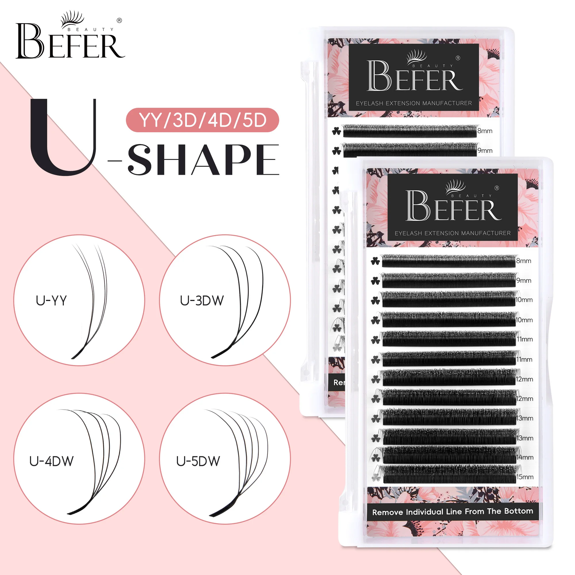 Befer Lashes Rzęsy U-Shaped Volume 3D/4D/5DW Przedłużanie Rzęs Wysokiej Jakości Miękkie Naturalne Wygląd 8-15mm Hurtowy Dostawca Sztucznych Rzęs