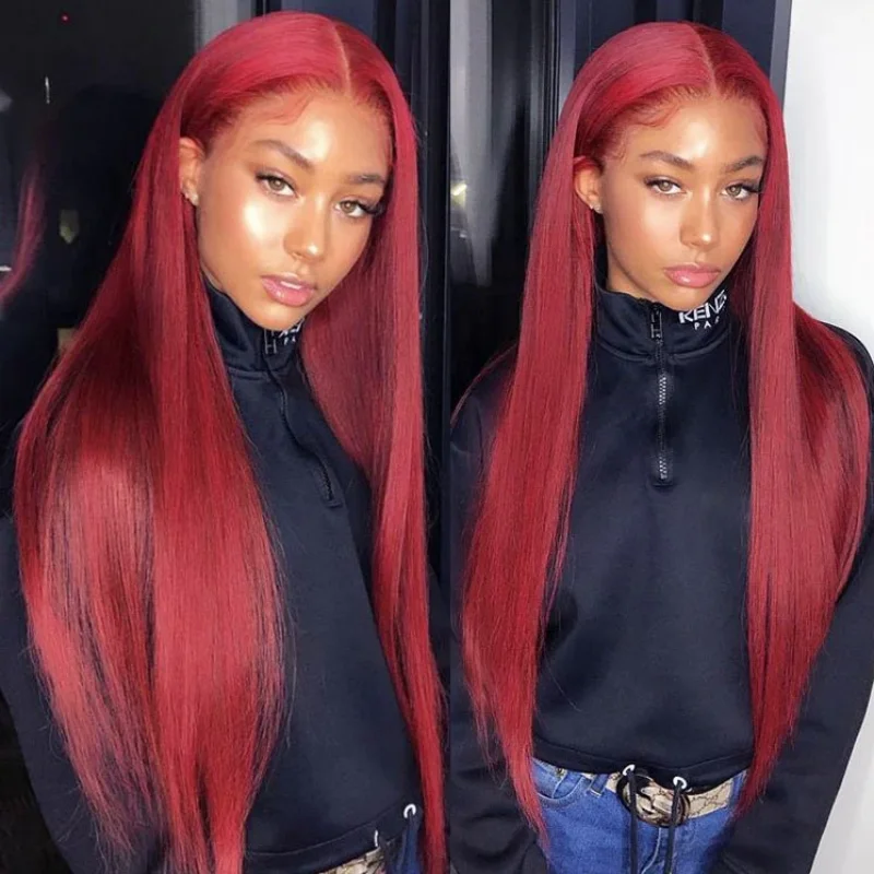 

Цветные прямые фронтальные парики из бразильских человеческих волос 99J Бордовый 13x4 13x6 с прозрачным кружевом, предварительно выщипанные, с полной фронтальной кружевной вставкой