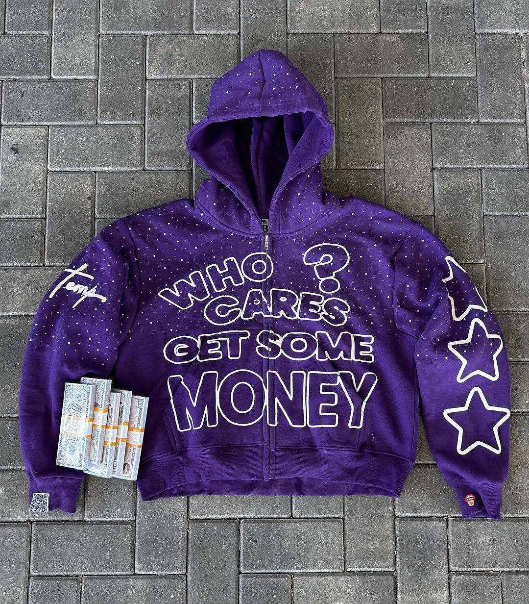 Who Cares Get Some Money Applique Printed Zip Hoodie Womens