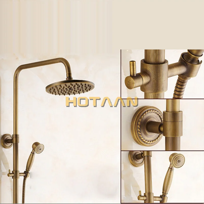 Luxury NEW Bathroom Surface Mount Brass Rainfall Shower Faucet Set Antique Brass with Handshower + Tub Spout + 8