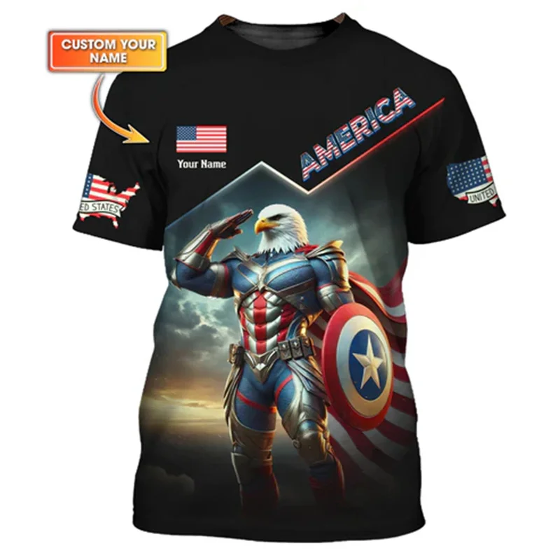 الفخر الأمريكي مخصص اسم تي شيرت موضة الاتجاه الشارع Crewneck تي شيرت الاتجاه ثلاثية الأبعاد طباعة الولايات المتحدة العلم خريطة موضة الرجال المحملة