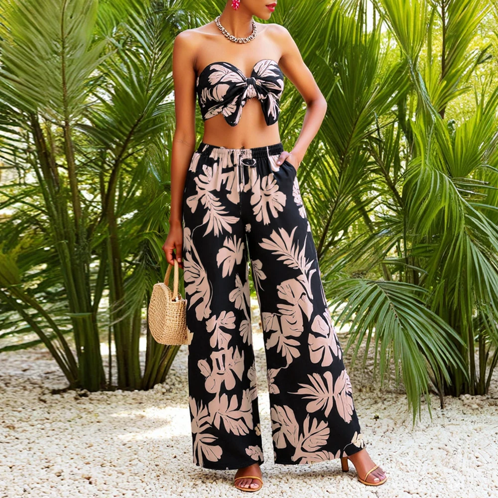 Mia Muse Damessets Alle seizoenen Volwassen Vibe Bloemen Street chic Artistiek tube top Mouwloos Hoge taille Wijde pijpen Feestsets