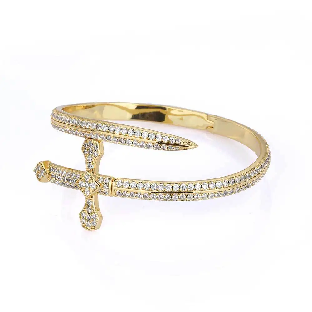 Promotion New Design Sword Shaped Bangle Bling Cross Bracele Micro 5A Cubic  Zirconia Screw Bracelet for Men Gold & Silver