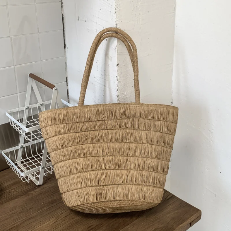 

Korean Women's Handcrafted Straw Bag Casual Versatile Fashion Large Capacity Shoulder Bag Beach Travel Zipper Design Tote Bag