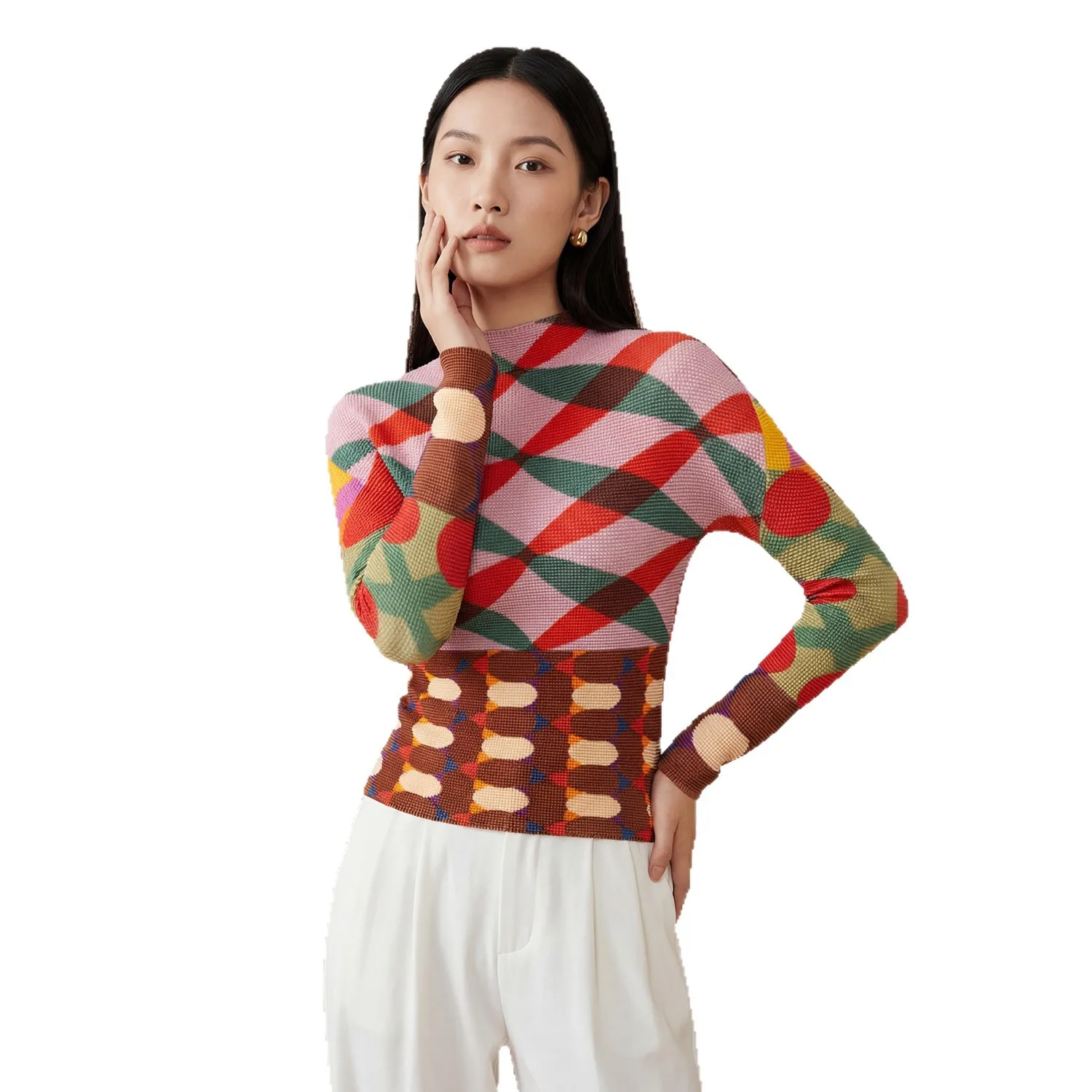 미야케 플리츠 2026 신상 니치 디자인 감각 그리드 프린팅 충돌 디자인 하이넥 티셔츠 여성용 캐주얼 슬림 플리츠 탑