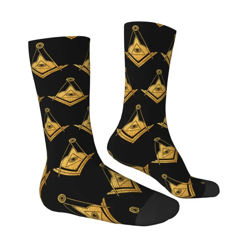 Golden Masonic Symbol Mens Crew Socks Unisex Funny 3D Printing Freemasonry Dress Socks