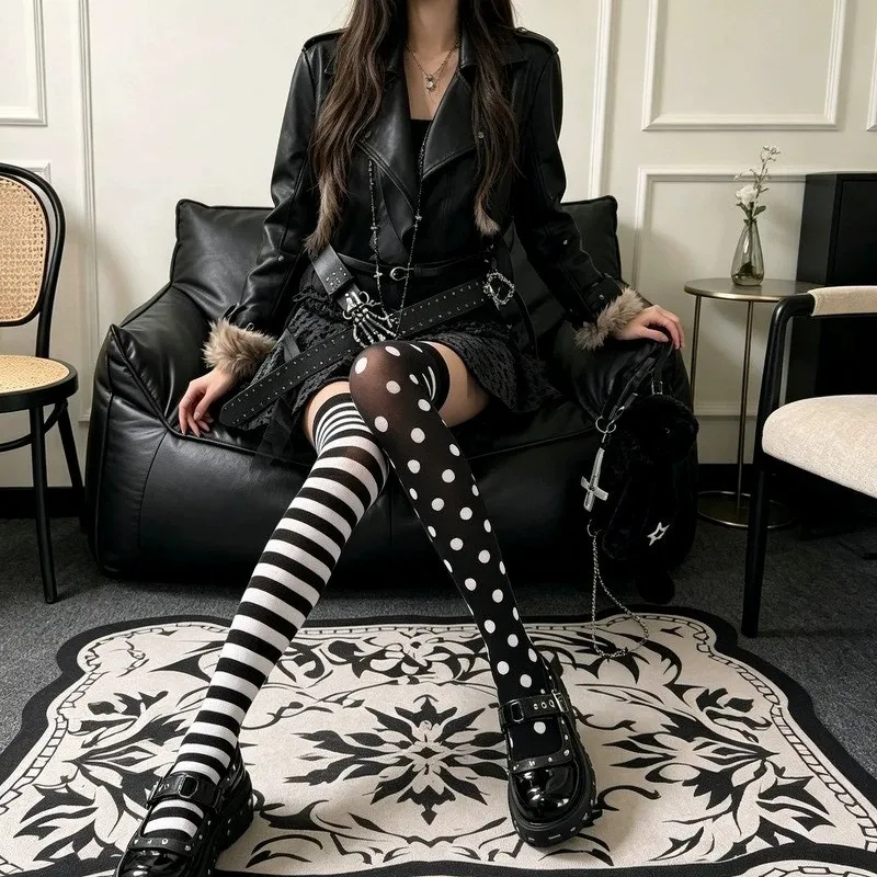 Women's Asymmetrical Summer Thin Fashion Polka Dot Striped Knee High Socks Dark Spicy Girl Sexy Jk Black High Tube Long Socks