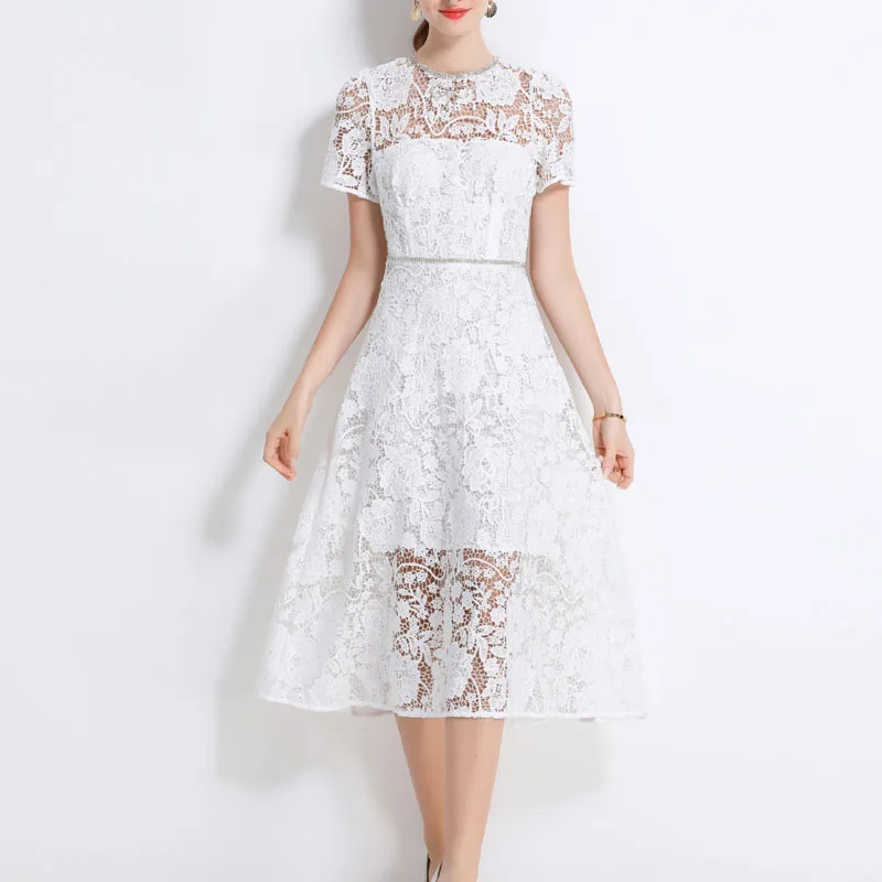 Moda verão manga curta vestidos de renda para mulheres magro o-pescoço vestido feminino oco para fora vestido feminino vestidos de verano mujer q383