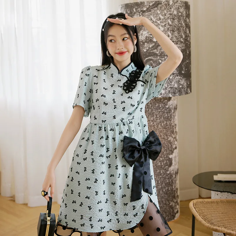 

Chinese Storm Point Floral Skirt Women's Cheongsam Stand Collar Splicing Lace Skirt Design Sense Short Sleeve New Style Dress