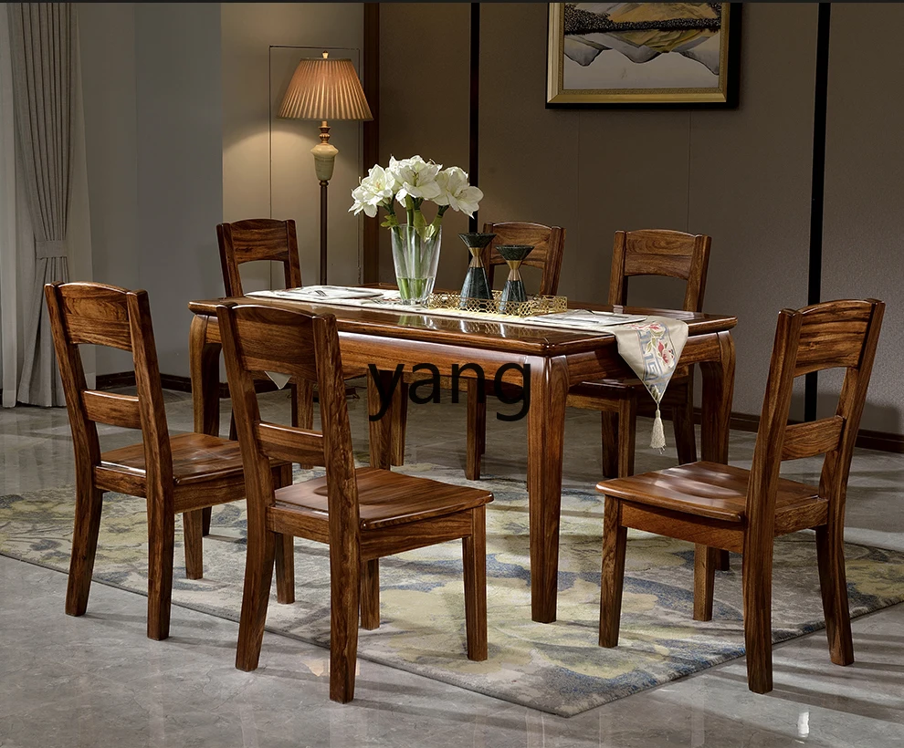

tgf Modern Chinese Style Solid Wood Dining Table and Chairs Simple Ebony Wood High-End Rectangular Dining Table for Home Use