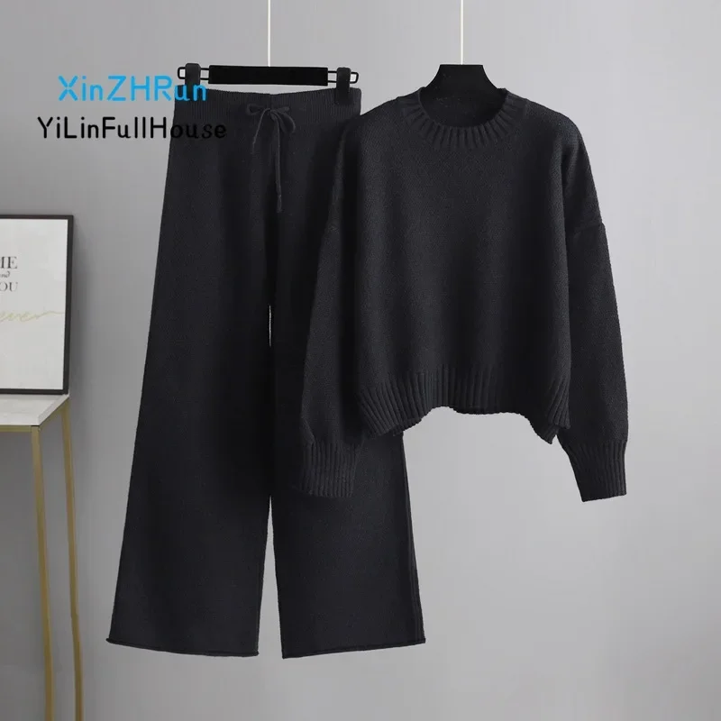 Autumn Winter Fashionable Casual Round Neck Split Long Sleeve Knitted Top Elastic Waist Strap Loose Wide Leg Pants Two Piece Set