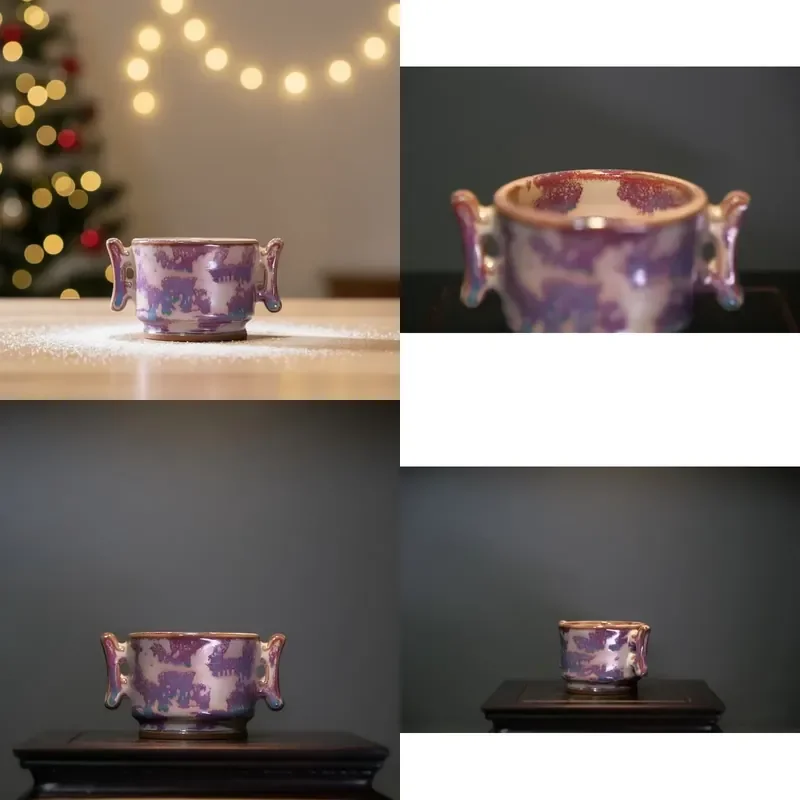 

【CHIMU HOME】 Handmade Jun Porcelain Double-Eared Cup for JUN&RU Oriental Art Antique Style Iridescent Green Glaze