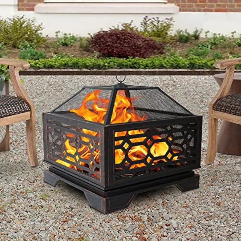 26 Inch Outdoor Fire Pit Square Extra Deep Wood Burning Firepits Large Bonfire with Cooking Grate & Poker for Outside