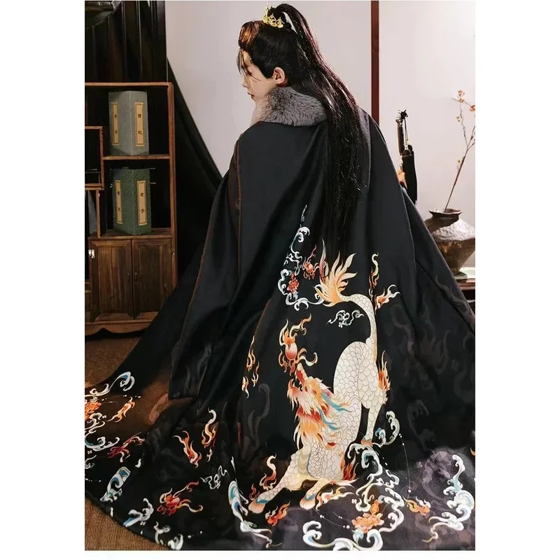 Cy2025 Winter Machtige Qilin Hanfu Mantel Traditionele Chinese Mannen Vrouwen Buitenste Gewaad Vintage Mode Grote Bontkraag Overjas Sjaal