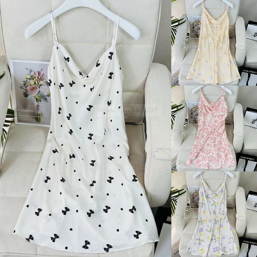 

Spring Summer Female Spaghetti Strap Nightgown Sleepwear Sexy Print Bow Mini Nightdress Bathrobe Loose Thin Silk Satin Homewear