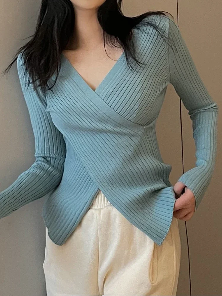 Irregular V-Neck Sweater For Women Long Sleeve Top Pullover Winter Knitted Sweaters Mujer Knitwear Korean Fashion Woman Clothes