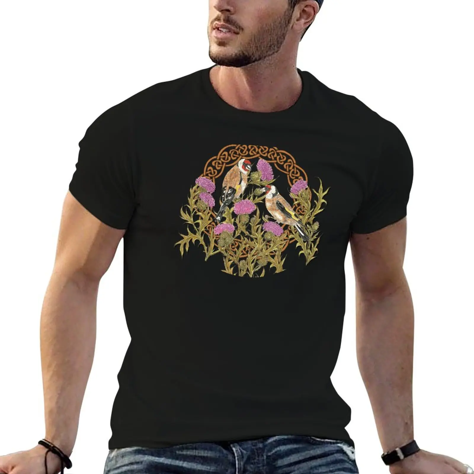 Goldfinches & Thistles Celtic Knotwork T-Shirt Utility Casual Work T-Shirt