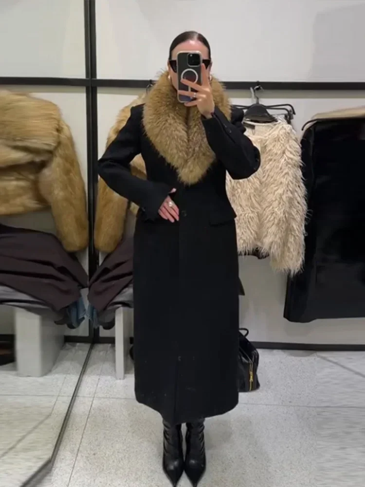 Cappotti lunghi in misto lana da donna Collo in pelliccia Nuove giacche Capispalla moda ingombranti in vita Inverno Donna elegante Abbigliamento casual quotidiano
