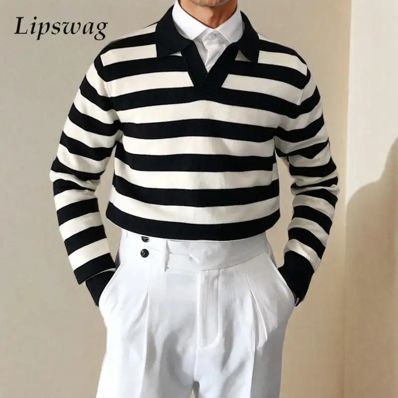 

Весенне-осенний мужской повседневный свитер-поло, винтажные полосатые лоскутные вязаные рубашки-поло с лацканами, мужские вязаные тонкие джемперы с длинными рукавами