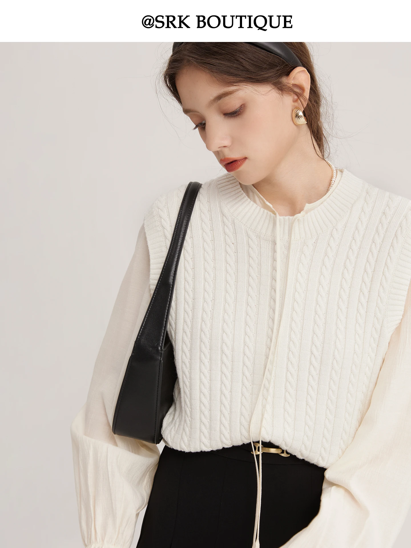 

SRK Women's Knitted Slim Fit Vest Top White Knitwear Layering Sweater Autumn Versatile Overhead Style Comfortable Commute Fas...