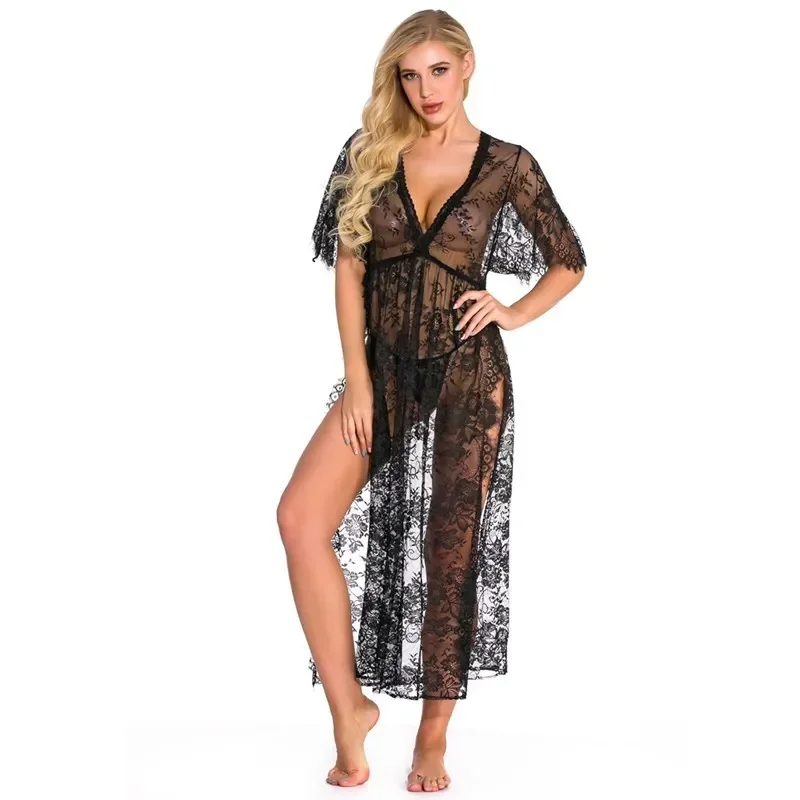 

Sexy Nightwear Women Sexy Women's Nightdress Lace Mesh Hollowed-out Slit Robe Sexy Pajama Set 2 Pieces Set Women'S Pajama Corset