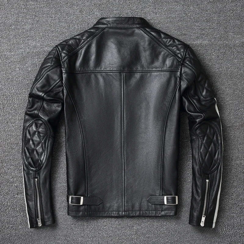 2024 New fashion Men Leather Jacket 100% Genuine Cowhide Coat White Stripes Cool Biker Slim Short Autumn Clothing.