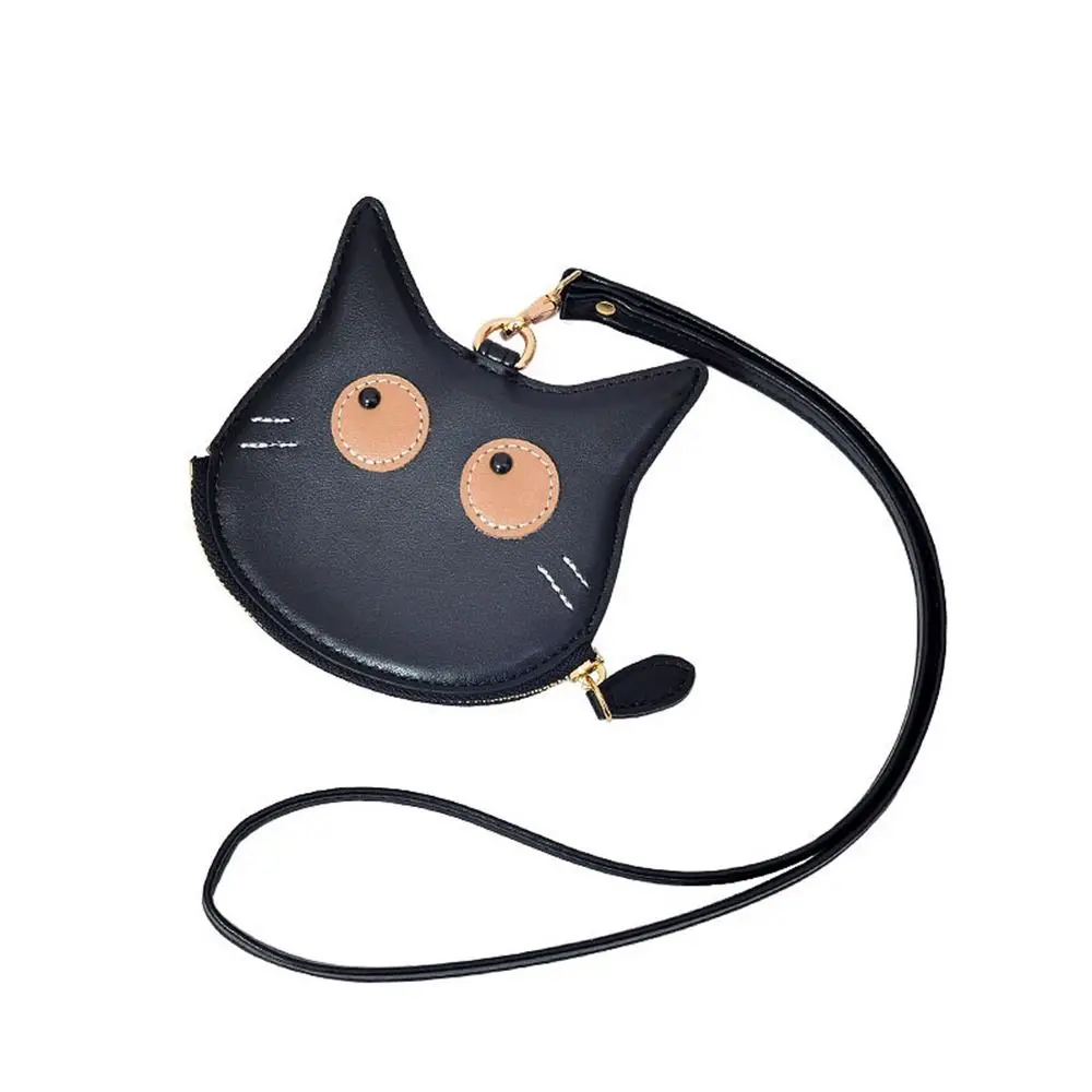 Portable PU Leather Hanging Neck Coin Purse Cat Kitten Mini Storage Bag Korean Style Card Holder Lanyard Wallet Streetwear