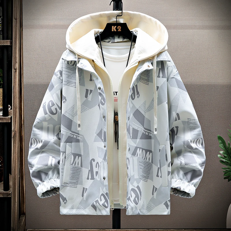 

New 2025 Mens Fake Two Piece Hooded Windproof Jacket Spring Autumn Season Color Block Print Fashion Casual Youth Outdoor Jacket