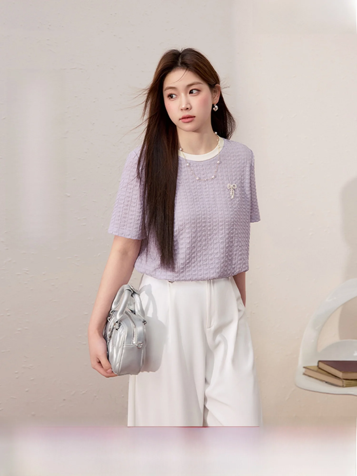 

Женская футболка оверсайз с текстурой, цвета фиолетового синего, свободного кроя, летняя, дышащая, стройнящая фигуру, синий цвет