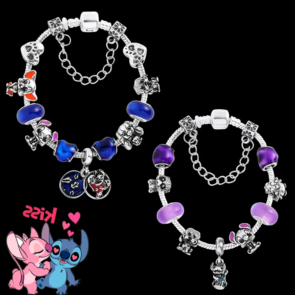 Disnes Stitch Jewelry Accessories Cartoon Lilo & Stitch Charm Bracelet Women Luxurious Antique Silver Color Crystal Beads Bangle